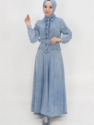 Buz Mavi Yaka Kemerli Uzun Kot Kumaş Spor Gömlek Elbise Buz Mavi Yaka Kemerli Uzun Kot Kumaş Spor Gömlek Elbise