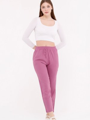 Pembe Yazlık Önü Bağcık'lı Ve Beli Lastikli Şık Dokuma Viskon Cepli Kumaş Pantolon Pembe Yazlık Önü Bağcık'lı Ve Beli Lastikli Şık Dokuma Viskon Cepli Kumaş Pantolon