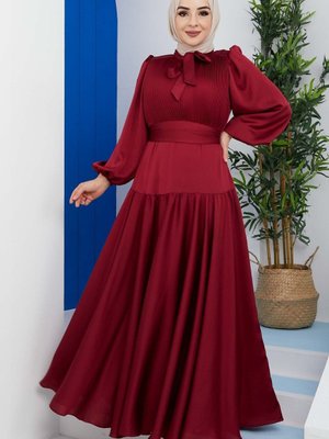 Bordo Göğüs Pileli Saten Abiye Elbise Bordo Göğüs Pileli Saten Abiye Elbise