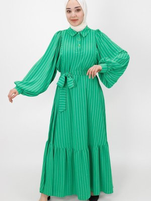 Yeşil Çizgi Desenli Balok Kol Elbise Yeşil Çizgi Desenli Balok Kol Elbise