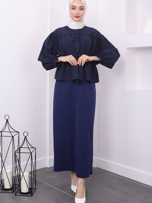 Lacivert Kol Lastikli Beli İpli Kısa Gömlek