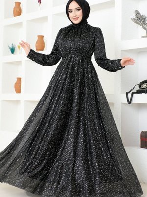 Simli Tül Abiye Elbise Siyah