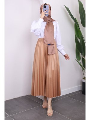 Camel Deri Görünümlü Piliseli Etek