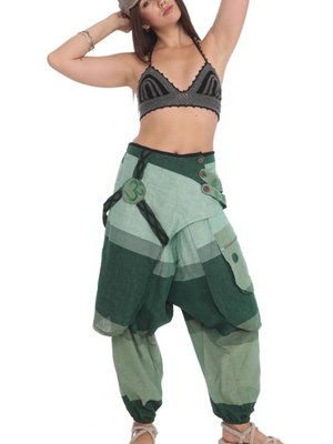 Yeşil Hint Otantik Yıkamalı Taşlanmış Kapaklı Şalvar Pantolon