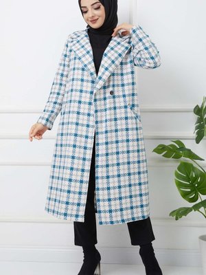 Mavi Ekose Kaşe Kaban Mavi Ekose Kaşe Kaban