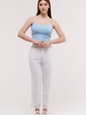 Beyaz Yazlık Önü Bağcık'lı Ve Beli Lastikli Şık Dokuma Viskon Cepli Kumaş Pantolon Beyaz Yazlık Önü Bağcık'lı Ve Beli Lastikli Şık Dokuma Viskon Cepli Kumaş Pantolon