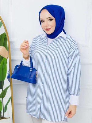 Bebe Mavi Çizgili Yaka Manşet Garnili Tunik