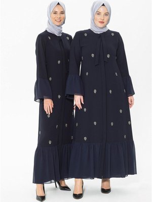 Ebabil Düğmeli Taşlı Lacivert Ferace