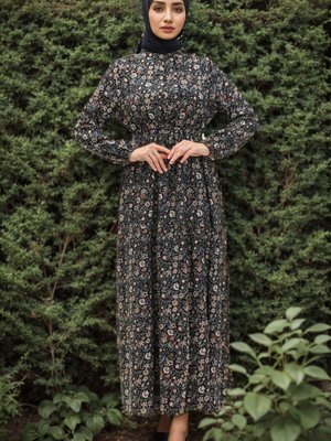 Lacivert Desenli Viskon Elbise Lacivert Desenli Viskon Elbise