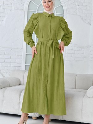 Yeşil Volanlı Kemerli Dokuma Elbise