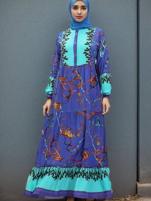 Saks Mint Yeşili Desenli Viskon Elbise Saks Mint Yeşili Desenli Viskon Elbise