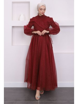 Bordo Ön Detaylı Balon Kol Simli Abiye Elbise Bordo Ön Detaylı Balon Kol Simli Abiye Elbise