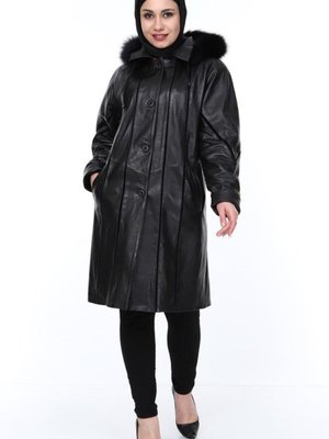 Siyah Hakiki Kuzu Derisi Kürklü Uzun Ceket