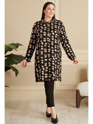 Siyah Tesettur Büyük Beden Fırça Desenli Uzun Gömlek Tunik