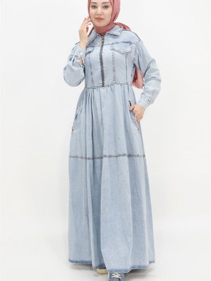 Buz Mavi Yaka Cep Fermuar Deatylı Kot Spor Gömlek Elbise Buz Mavi Yaka Cep Fermuar Deatylı Kot Spor Gömlek Elbise