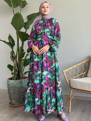 Çiçekli Renkli Yeşil Kemerli Viskon Elbise