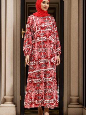 Kırmızı Viskon Desenli Kuşaklı Elbise Kırmızı Viskon Desenli Kuşaklı Elbise