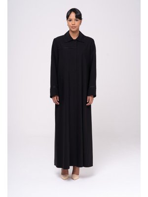 Siyah Gömlek Yaka Organze Ve İşleme Detaylı Büyük Beden Astarlı Pardesü