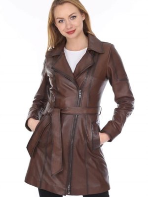 Kahverengi Hakiki Deri Fermuarlı Uzun Ceket