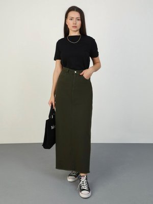 Haki Cep Detaylı Denim Etek