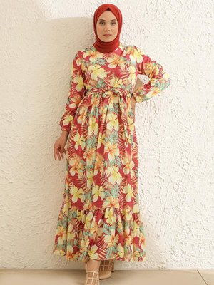 Bordo Çiçek Desenli Kuşaklı Elbise Bordo Çiçek Desenli Kuşaklı Elbise