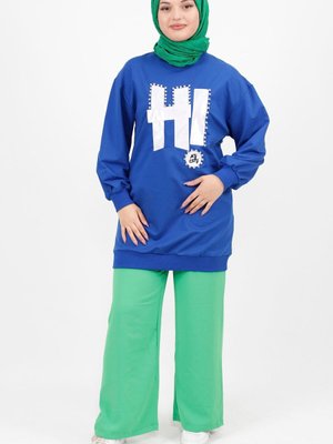 Saks Taş Ve Yazı Detaylı İplik Kumaş Sweatshirt