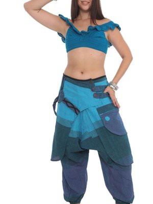 Turkuaz Hint Otantik Yıkamalı Taşlanmış Kapaklı Şalvar Pantolon