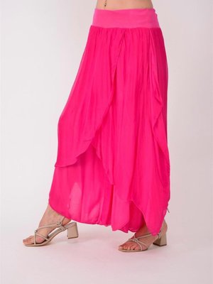 Fuşya Asimetrik Kapaklı İpek Şalvar Pantolon