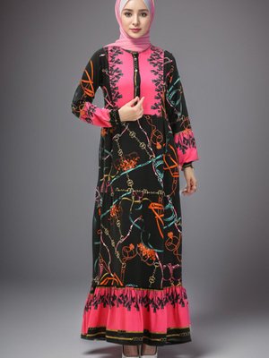 Siyah Fuşya Desenli Viskon Elbise Siyah Fuşya Desenli Viskon Elbise
