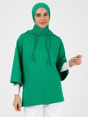 Kapüşonlu Yarım Kollu Oversize Sweatshirt Orman Yeşili