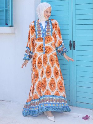 Oranj Desenli Viscon Elbise Oranj Desenli Viscon Elbise