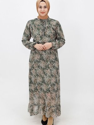 Haki Puantiye Desenli Şifon Elbise Haki Puantiye Desenli Şifon Elbise