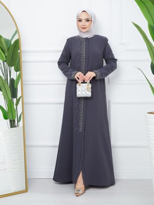 Ön Ve Kol Taş Detaylı Büyük Beden Ferace