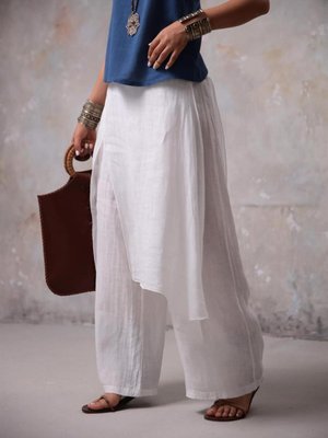 Beyaz İtalyan Ham Keten Etek Pantolon
