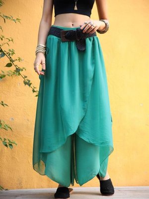 Turkuaz Asimetrik Kapaklı İpek Şalvar Pantolon