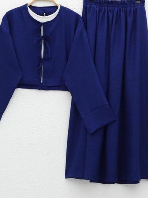 Lacivert Önü Baglamalı Kimono Takım