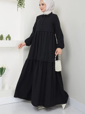 Siyah Viskon Kumaş Yaka Gömlek Elbise