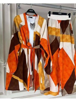 Şahin Desenli Hasır Bel Pantolon Kimono İkili Takım