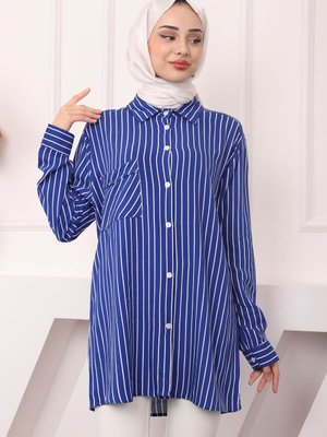 Saks Mavi Çizgili Tek Cepli Gömlek