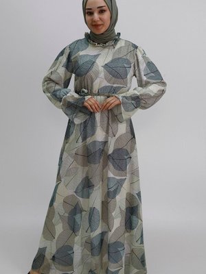 Çağla Yaprak Desenli Büzgü Detaylı Şifon Elbise Çağla Yaprak Desenli Büzgü Detaylı Şifon Elbise