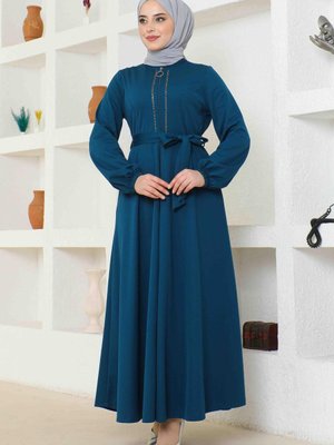 Önden Fermuarlı Taş Detaylı Ferace Petrol