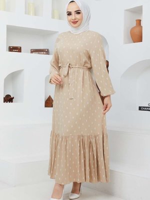 Bej Çapa Viskon Elbise