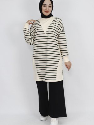 Haki İp Kumaş Çizgili Sweatshirt Haki İp Kumaş Çizgili Sweatshirt