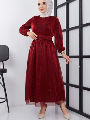 Bordo Parla Simli Abiye Elbise Bordo Parla Simli Abiye Elbise