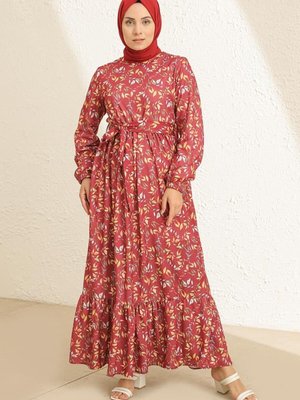 Bordo Çiçek Desenli Kuşaklı Elbise Bordo Çiçek Desenli Kuşaklı Elbise