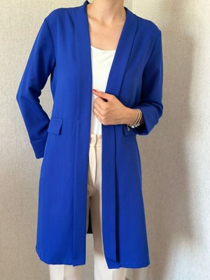 Uzun Kumaş Duble Kol Astarsız Ceket Saks