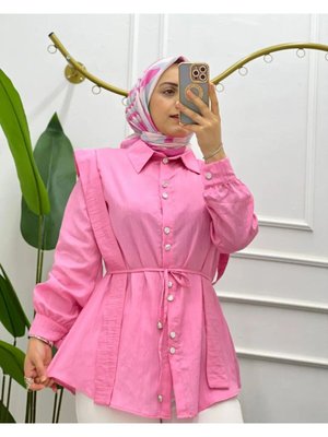 Pembe Bel Bağlamalı Tasarım Gömlek