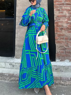 Mavi Yeşil Kemerli Oversize Yazlık Viskon Elbise