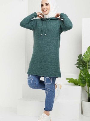 Yeşil Kapüşonlu Sade Tunik