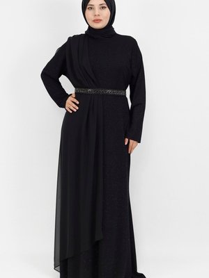 Siyah Simli Kumaş Pelerinli Abiye Elbise Siyah Simli Kumaş Pelerinli Abiye Elbise